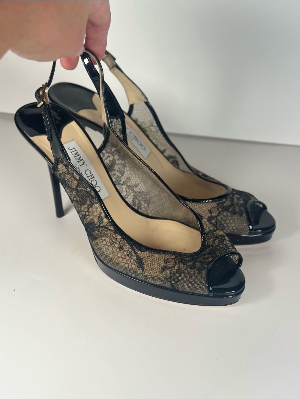 Jimmy Choo Black Lace Peep-Toe Slingback Heels with Patent Trim